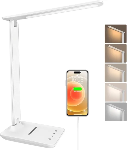 joyshie LED Desk Lamp, Desk Flexo with Night Light, Touch Control Desk Lamp, USB Charging Port, 5 Brightness Levels 5 Modes (White)