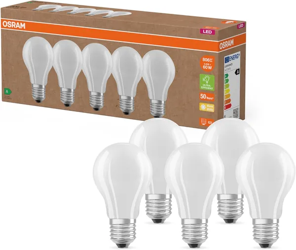Lámparas LED de Alta Eficiencia Osram, Clase de Eficiencia Energética A, Pack de 5, Reemplazan 60W, Blanco Cálido (2700K), E27, Vidrio Mate