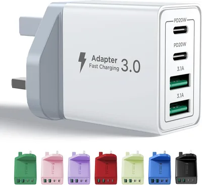 USB C Plug Fast Charge, 40W 4-Port Multi USB Charger Plug UK Dual Port PD Power Adapter +QC Wall plu
