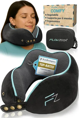 Flowzoom Cuscino da Viaggio per Auto Comodo - Cuscino per Collo in Schiuma Memory con Supporto a 360°, Copertura Lavabile in Tessuto Velveteo