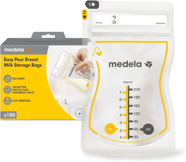 Medela Easy Pour Breastmilk Storage Bags, Disposable 210ml Bags, Leak Proof, Protect Milk Nutrients, BPA Free, 100 Pack
