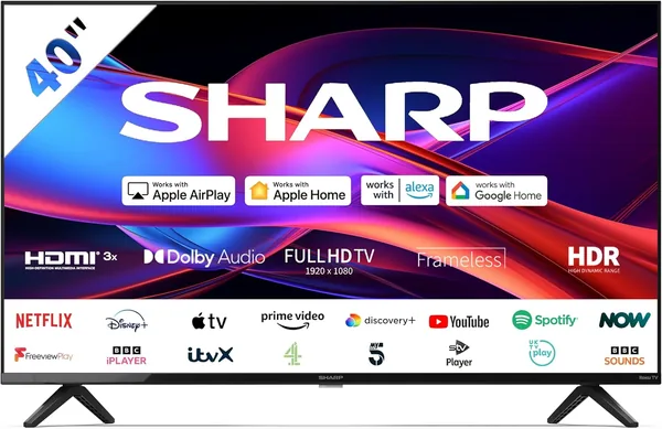 Sharp 40GD2225K 40" Full HD Roku Smart TV - Frameless LED with HDR10, Active Motion 200, Freeview Play, 3x HDMI, USB Media Playback, Dolby Audio, Wi-Fi & Ethernet - Black