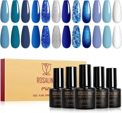 Polys semi-permanents Rosalind 12 couleurs Bleu - Blanc cassé à Bleu marine Océan Paillettes UV Gel Nail Polish