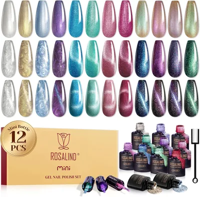 ROSALIND UV Nagellakset Magnetisk, 12 Färger Kat-Ögennagelgel med Magnet, Soak Off Gel Cateye för Nagelkunst Manicur - 40% Rabatt