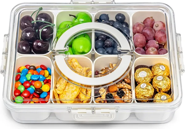 Pure Future Snackle Box Container with Handle - 8 Compartment Divided Serving Tray with Lid - Crystal Clear Charcuterie Box for Travel, Parties, Movie Nights & Daily Snacks (Hand