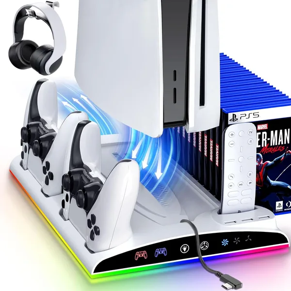 Garlo PS5 Stand with Cooling Station, Controller Charging Station for PlayStation 5 & Slim & Pro Console Disc/Digital Edition - Accessories: Cooling Fan, RGB LED, USB Hubs, Headset