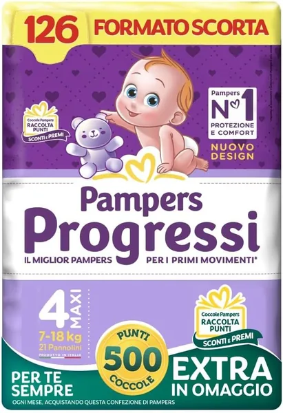 Pampers Progressi Maxi Size 4 (7-18 kg) Stock Format Wet Indicator Delicate Skin Reinforced Tabs Anti-Spill 126+500 Free Points