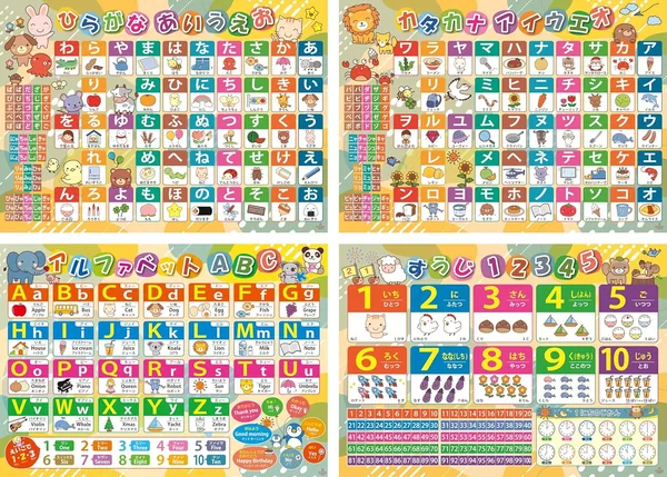 Bath Posters (Hiragana, Katakana, Noio, Numbers, Alphabet, English), Set of 4 Educational Posters