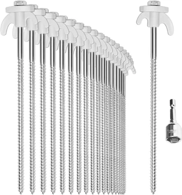 COM-FOUR 20x Steel Tent Pegs - Schroefspijlen met Adapter voor Draadloze Boormachine - Robuuste Grondnaalden met Draad voor Kamperen, 15% Korting