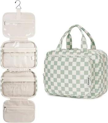 Sac de toilette Narwey suspendu, sac cosmétique de voyage pour femme, organisateur de maquillage pour accessoires standard (Vert Menthe Chessboard)