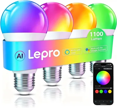 Lepro E27 Smart Bulbs 10W, 1100lm 75W, Tunable White, RGB AI Lighting, 4pcs | 2700K-5700K, WiFi & Bl