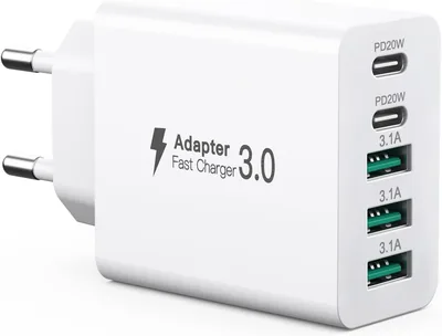 USB C Ladegerät 50W, Meerdere Poorten Ladegerät met 2 USB-C en 3 USB-A, USB C Wandladegerät, Snel Opladen PD 3.0 Adapter