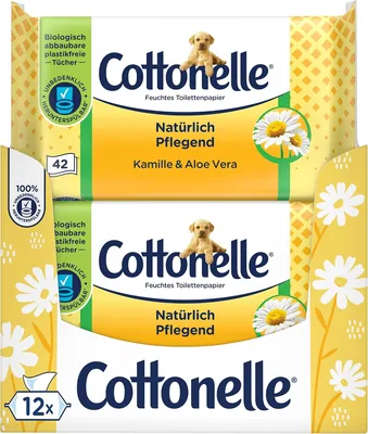 Cottonelle Natural Care Toalettpapr med Chamomyl och Aloe Vera, Biodgraderbar, Plastfritt, Paket med 12 x 42 W