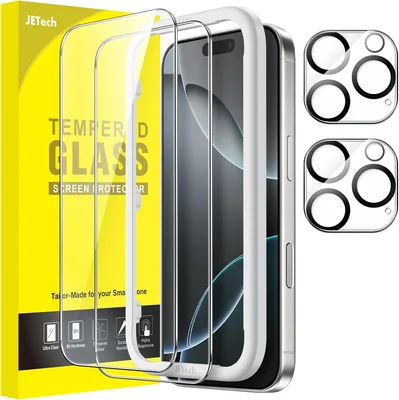 JETech Skärmsskydd för iPhone 16 Pro 6.3" med Kamera Lens Kap, Enkelt Installationsverktyg, Temperat Glass Film, HD Klar, 2-pak