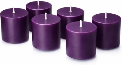Velas Moradas Pack de 6 - 6×5 cm, Pabilo Ecológico, 40 Horas de Duración, Aroma a Violetas. Ideales para Ambientación Espiritual