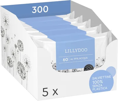 Lillydoo Bevande Umidificanti al 99% d'Acqua, confezione da 300 pezzi (5x60), Senza Plastica, Senza Profumo, Delicate come Acqua e Cotone - Miglior Affare