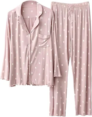 VIOPY Conjunto de Pijama de Algodón Modal de Manga Larga para Mujer, Conjunto de Pijama de Dos Piezas Superior e Inferior, Cómodo y Suave, Talla M