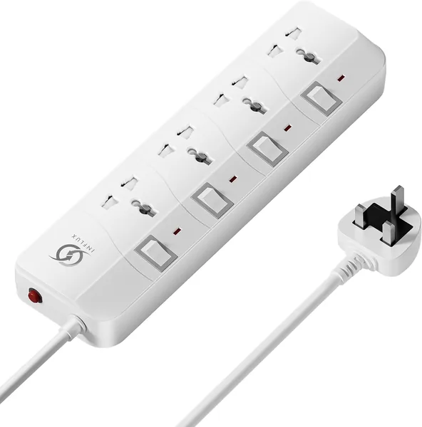 INFLUX Extension Cord with 4-Outlet - 5 Meter Multi Plug Extension Cable for Maximum Reach and Versatility - Power Strip with Universal Plug adapter and Heavy duty power Cord