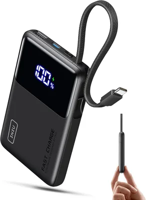 INIU 45W Power Bank, 10000mAh con ricarica rapida, cavo USB C integrato, caricabatterie portatile PD3.0 QC4.0