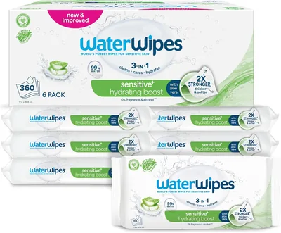 WaterWipes Sensitive+ Hydratante Mejora Toallitas, 360 Unidades (Paquete de 6), Limpieza 3 en 1, Cuidado y Hidratación, 99% Agua con Aloe Vera