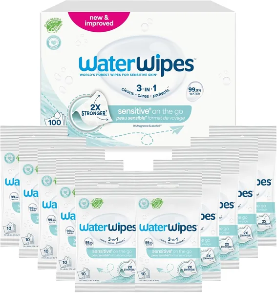 WaterWipes On The Go Wipes, 100 Stück (10 Pack), 99,9% väderbaserade tväckor, perfekt för resor, utformad för ansikt och bod