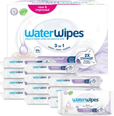 WaterWipes Sensitive+ Trötta Reinigingsvippa, 720 stk (12 pak), 3-i-1 Reiniging, Beröring och Beräffring