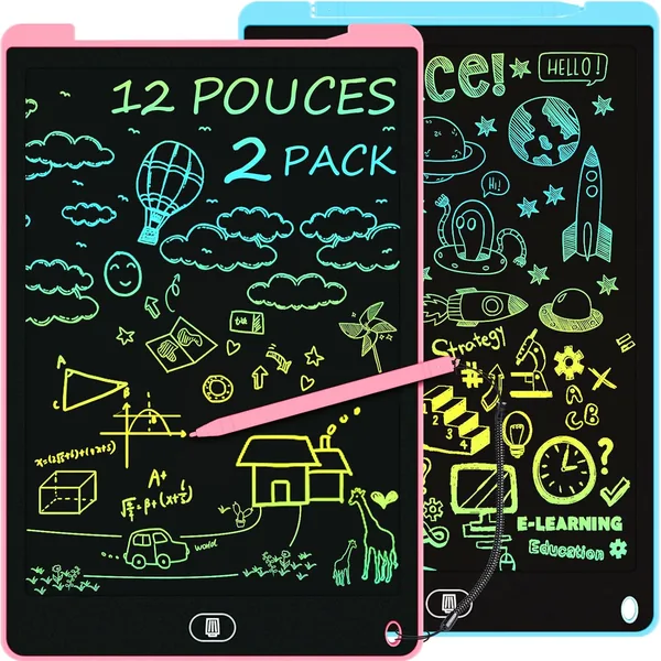 Tablettes de dessin pour enfants, 2 packs, 12 pouces, écran LCD coloré, avec bouton effaceur et verrou