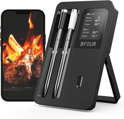 BFOUR Meat Thermometer Wireless med 2 Prober, Bluetooth Grill Thermometer med Smart Base, LCD-tillgång, App-kontrol, Steakt