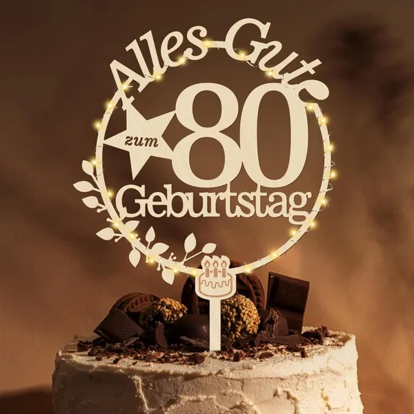Giftota Cake Topper 80th Birthday Wooden with LED Fairy Lights