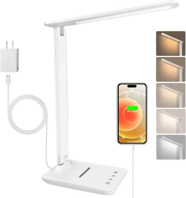 Jumoking Schreibtischlampe LED Dimmbare Augenpflege, Tischlampe mit 5 Farben und 5 Helligkeitsstufen, Ladeformate USB