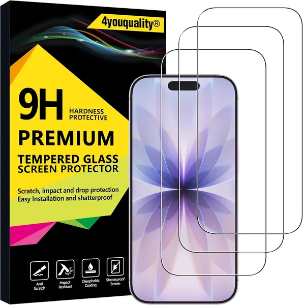4youquality [3-Pack Screen Protector for iPhone 17/17 Pro / 16 Pro (6.3-Inch), Tempered Glass Film, 