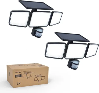 Lumière de sécurité solaire Philips 302 LED 1200LM avec capteur de mouvement PIR à 3 têtes, IP65 - 5% Off