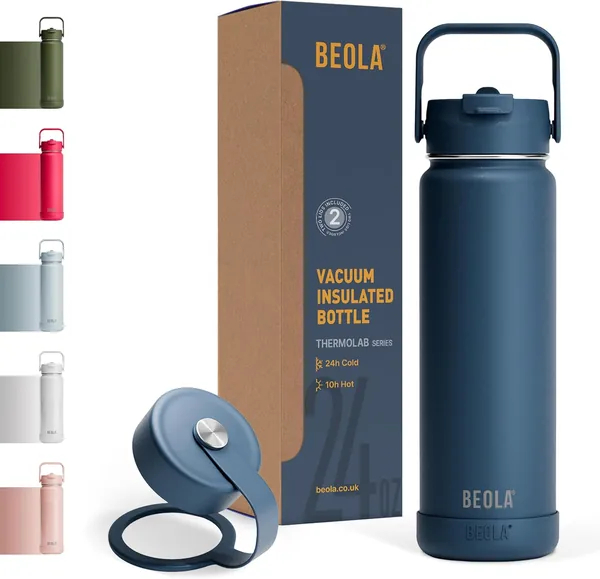 BEOLA 750ml Water Bottle 18/8 Stainless Steel 304 Double Wall Insulated Thermos Bottle with Straw Lid and wide mouth, 2 lids included