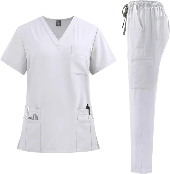niaahinn Scrubs for Women Men Set - Stretch Top & Cargo Pants with Multi Pocket for Nurse