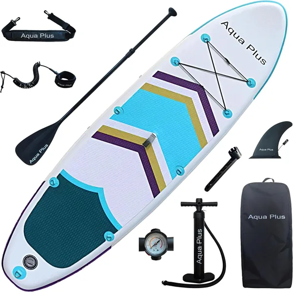 Aqua Plus 15cm Thick Inflatable SUP for All Skill Levels Standing Paddle Board, Paddle, Pump, ISUP Travel Backpack, Leash, Shoulder Strap