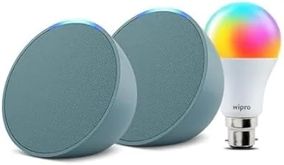 Amazon Echo Pop (हरा) गिफ्ट डबल पैक Wipro 9W सिंपल सेटअप LED स्मार्ट कलर बल्ब और Alexa के साथ स्मार्ट होम नियंत्रण | 48% ऑफ