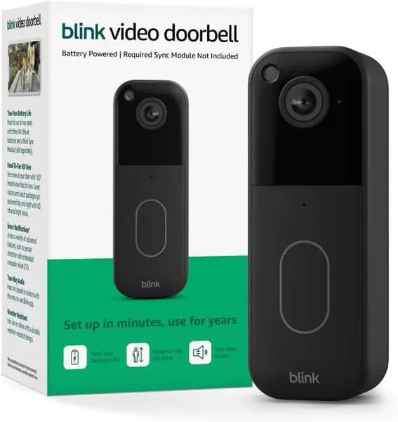 Blink Video Doorbell - Head-to-toe HD view, two-year battery life, and simple setup. Required Sync Module not included - Add-On (Black)