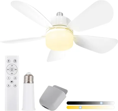 Gliztech Socket Fan E27 avec Lumière, Ventilateur de Plafond à Télécommande LED pour Salle de Bain Cuisine