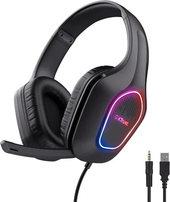 GXTrust Rayne Casque de Jeu Léger pour PC/Console, Éclairage LED, Noir | Alimenté par USB, 50mm Transducteurs, 3.5mm Jack