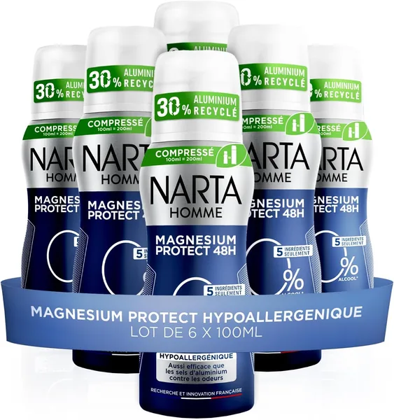 Narta - Déodorant Homme - Protection Magnésium Hypoallergénique - Spray Comprimé - Pack de 6 x 100 ml - Meilleur Prix