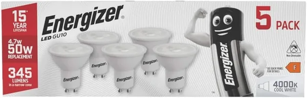 Energizer GU10 LED Bulbs Cool White. 50w Equivalent Spotlight Bulbs. 4000k 345 Lumen. Non Dimmable - Pack of 5