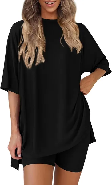 PRETTYGARDEN Women's Two Piece Lounge Set 2026 Summer Casual Oversized Shirts Biker Shorts Matching