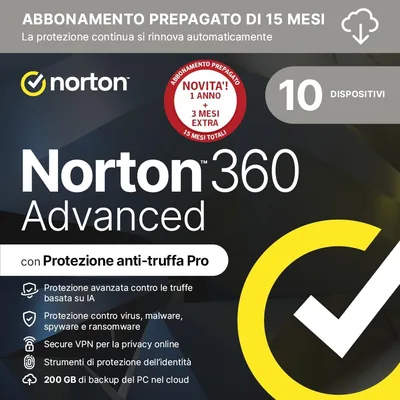 Norton 360 Advanced 2026 | Antivirus per 10 dispositivi | 200 Gb di backup | Licenza di 15 mesi con rinnovo automatico | PC