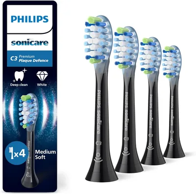 PHILIPS Sonicare C3 Premium Plaque Defence, äkta tandborsthållare, svart, 4-pack, HX9044/88 - 12% Off