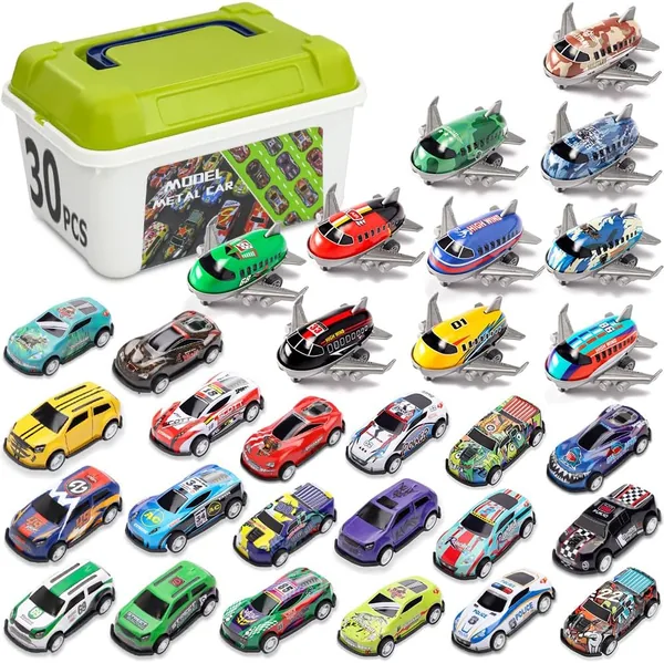 Supecaty 30 Pcs Pull Back Toy Cars & Planes Set with Storage Box