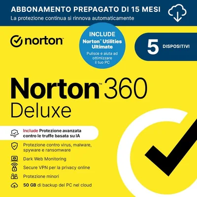 Norton 360 Deluxe 2026 + Utilities Ultimate | Antivirus 5 dispositivi | 50 GB backup | 15 mesi rinnovo automatico | 1 Utente - 80% Off