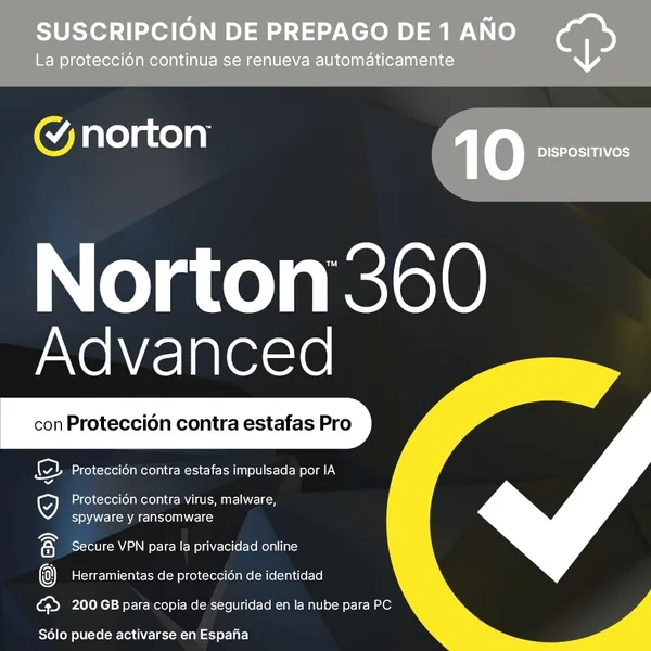 Norton 360 Avanzado 2026 | 10 Dispositivos | Renovación Automática de 12 Meses | Monitoreo de Red Social y Dark Web + VPN | Código