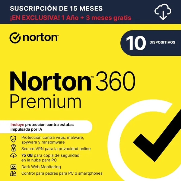 Norton 360 Premium Exclusivo Amazon | Antivirus para 10 dispositivos | 15 meses | Descarga digital