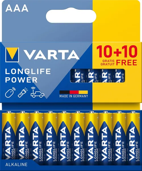 VARTA Longlife Power 20 x AAA Alkaline Batteries 1.5 V Ideal for Digital Camera Controller, Blood Pressure Monitor, Plastic Free Packaging