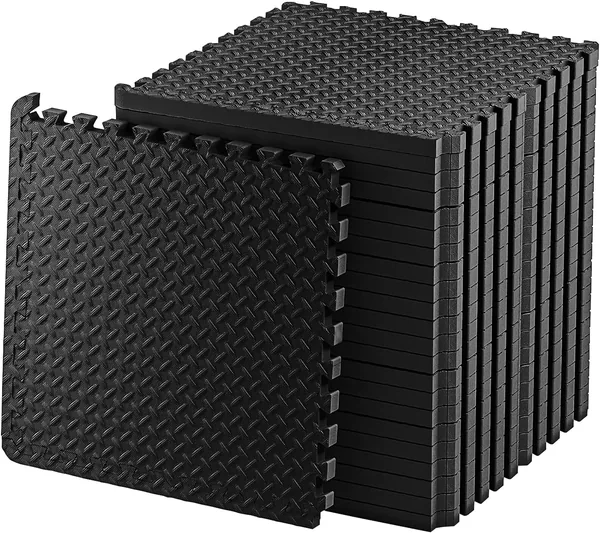 Exercise Foam Mat - Anti Fatigue Protective Interlocking Puzzle EVA Floor Tiles with Edges - Gym Flooring Mats - Non Slip Rubber Cushion for Underlay (Black, 4 Tiles)